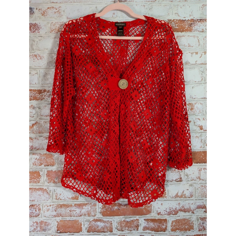 Multiples Crochet Cardigan Women Large Red 3/4 Sleeve Open Knit Button Front